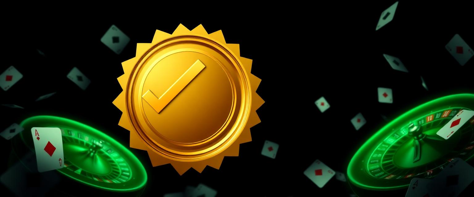 Goldenes Prüfsiegel mit Roulette und Spielkarten