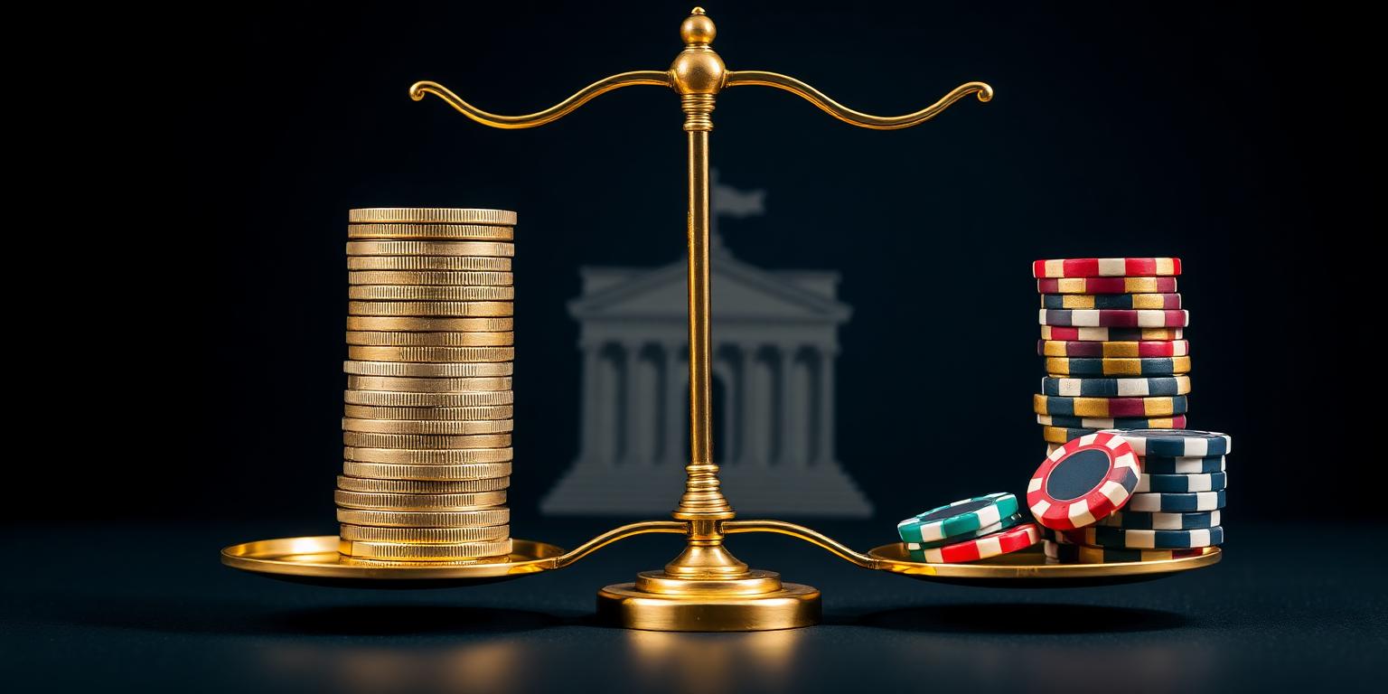 Goldene Waage mit Euromünzen und Casino-Chips vor dem Bundestag